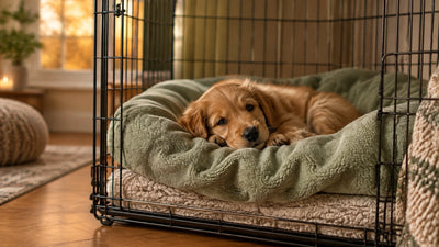 A relaxed puppy resting on a sage-green comforter layered over a crate mat in a cosy autumn home