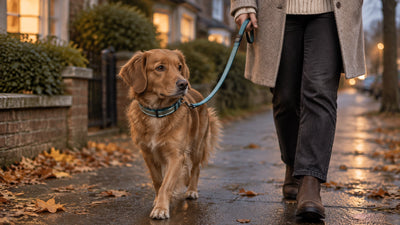A dog walking close beside its owner on an autumn pavement at dusk, attached to a fixed-length lead