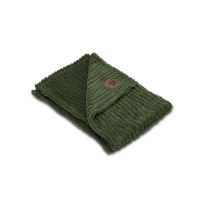 Green textured fleece puppy comforter blanket folded on a white background