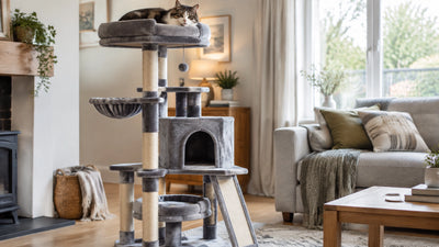 Large grey plush cat tower with multiple platforms, beds and scratching posts