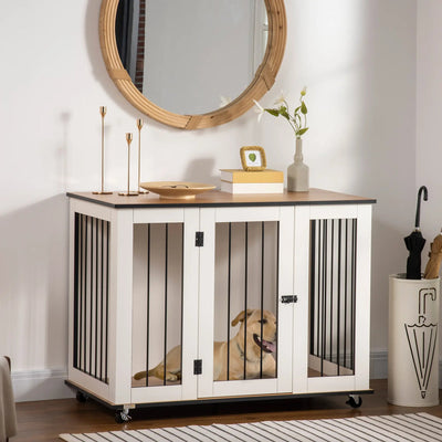 White dog crate with an oak-tone top styled as a side table in a bright living room