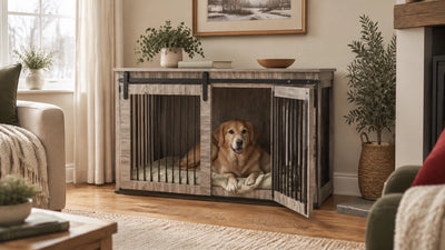 A relaxed dog resting in brown wood-effect dog crate furniture, styled as a cosy winter side table in a softly lit living roo