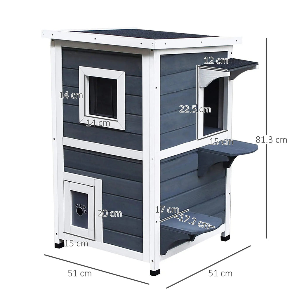 Wooden pet house with dimensions indicated on a white background