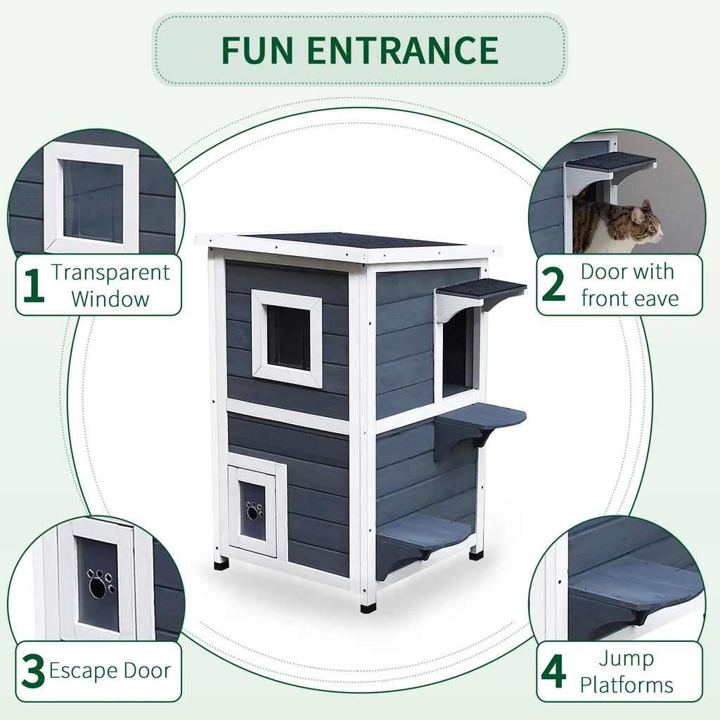 Cat house with features highlighted on a light green background
