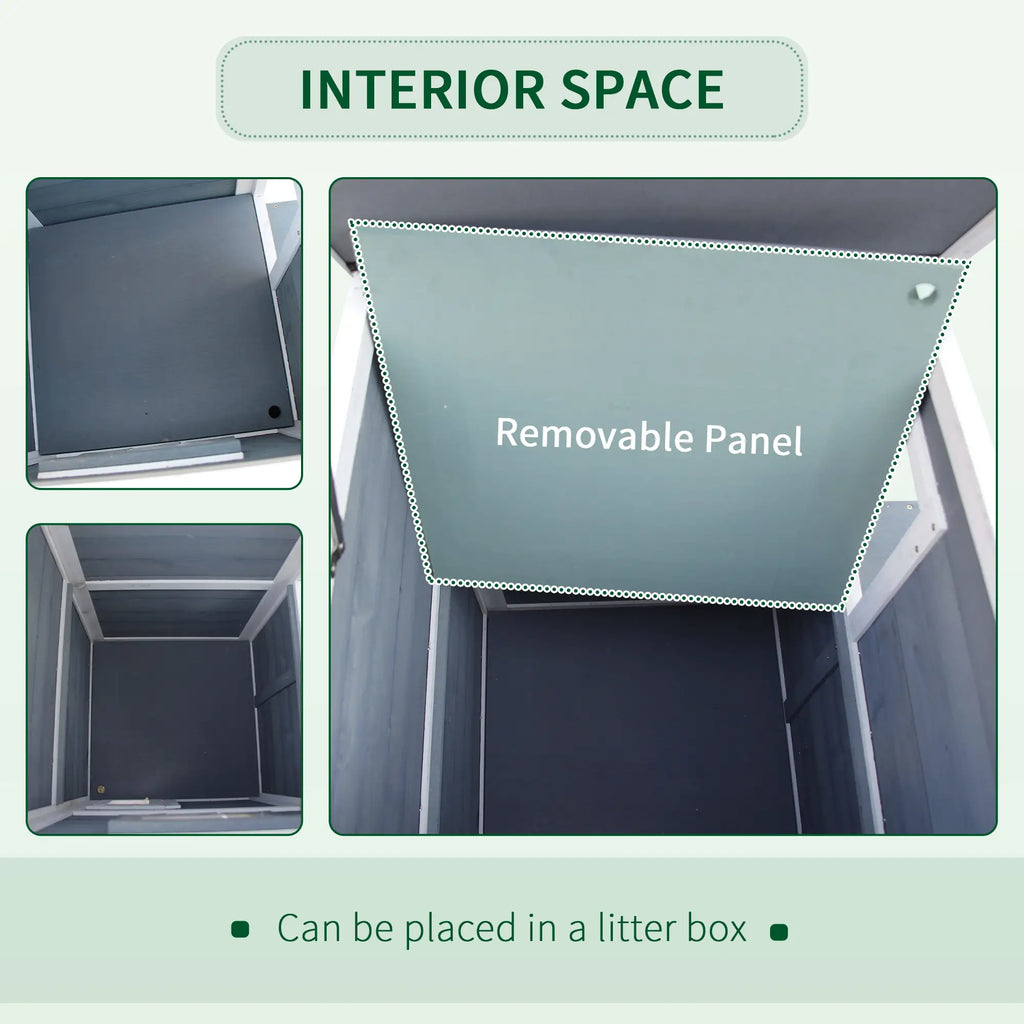 Removable panel design with text indicating it can be placed in a litter box, labeled 'Interior Space'.