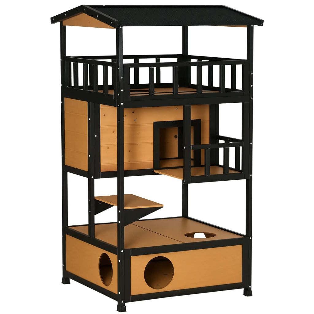 Multilevel cat play structure with wooden platforms and black frame on a white background