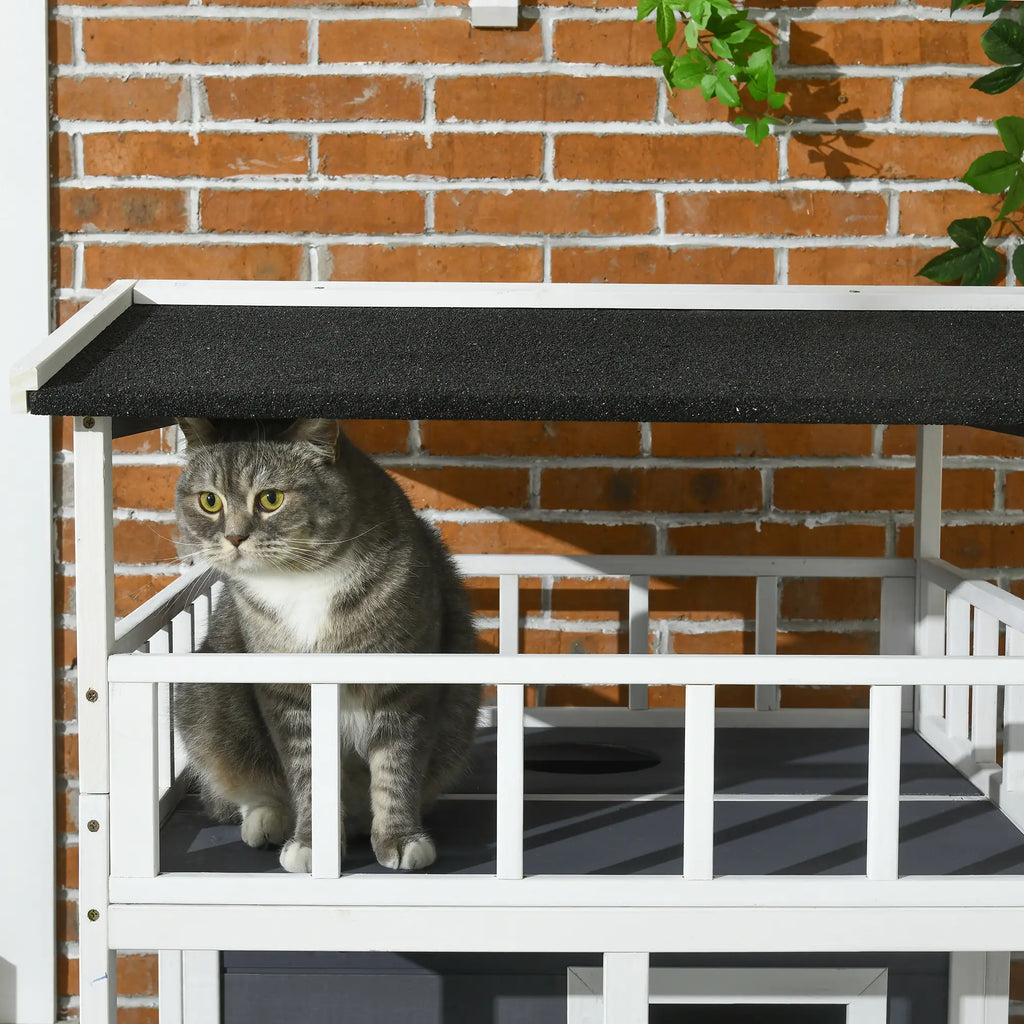 Cat sitting on a white outdoor bench with a black cushion against a brick wall.
