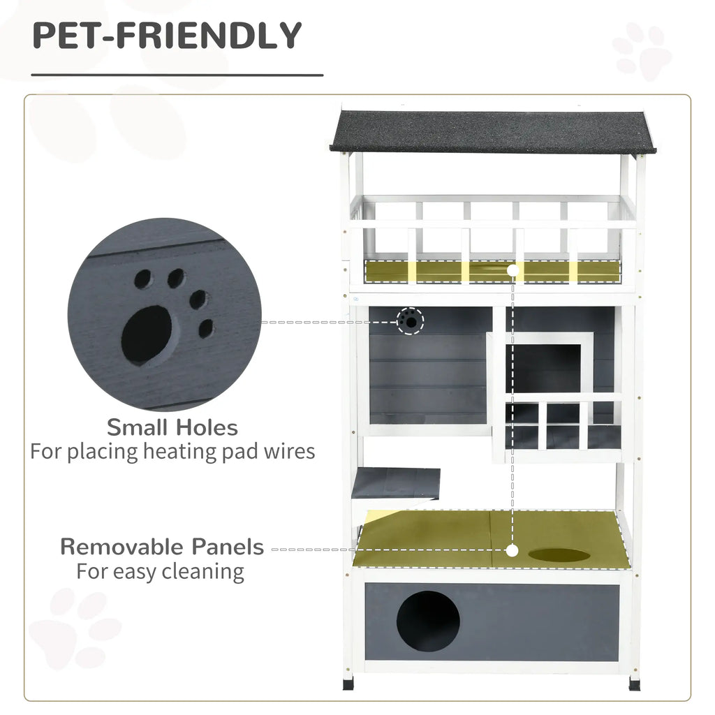 Pet play area with small holes for heating pad wires and removable panels for cleaning, labeled 'Pet-Friendly'.