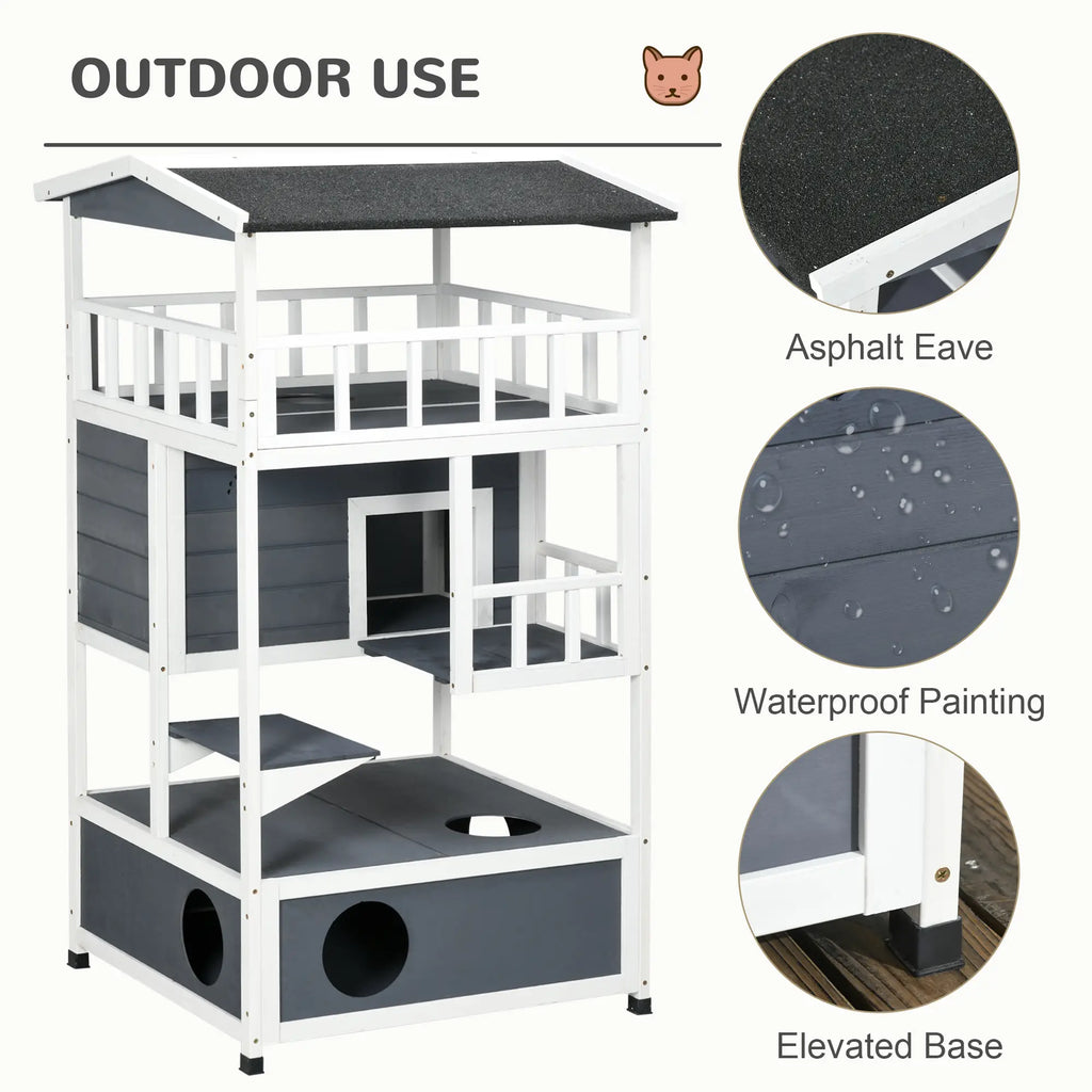 Cat playhouse with features highlighted on a white background