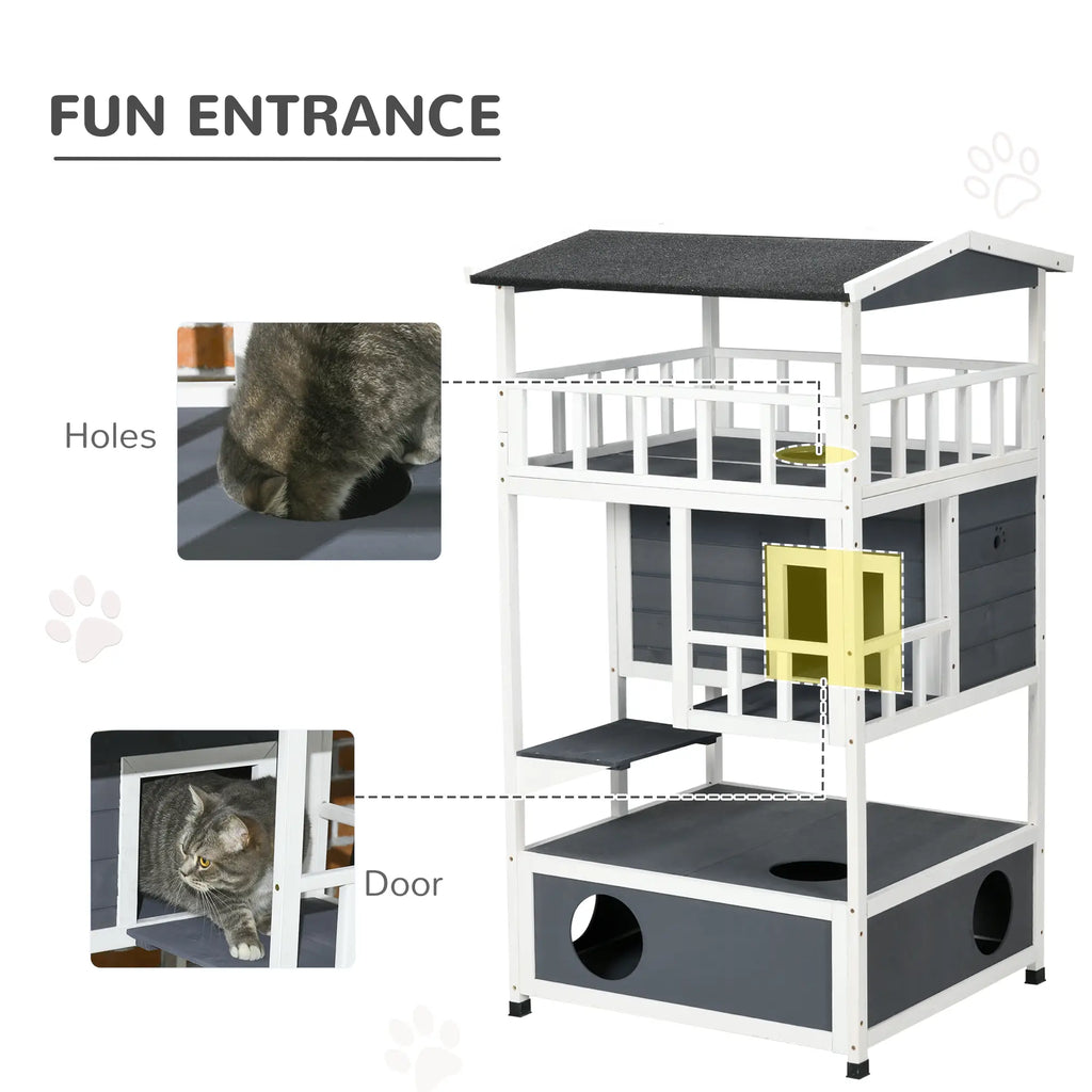 Cat play structure with labeled features and two cats interacting with it.