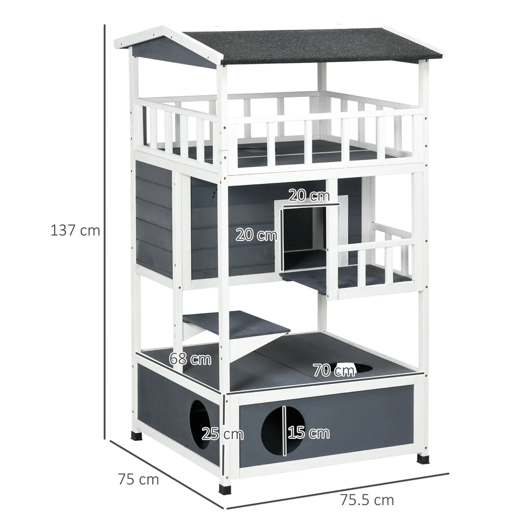 Cat tree with dimensions labeled on a white background