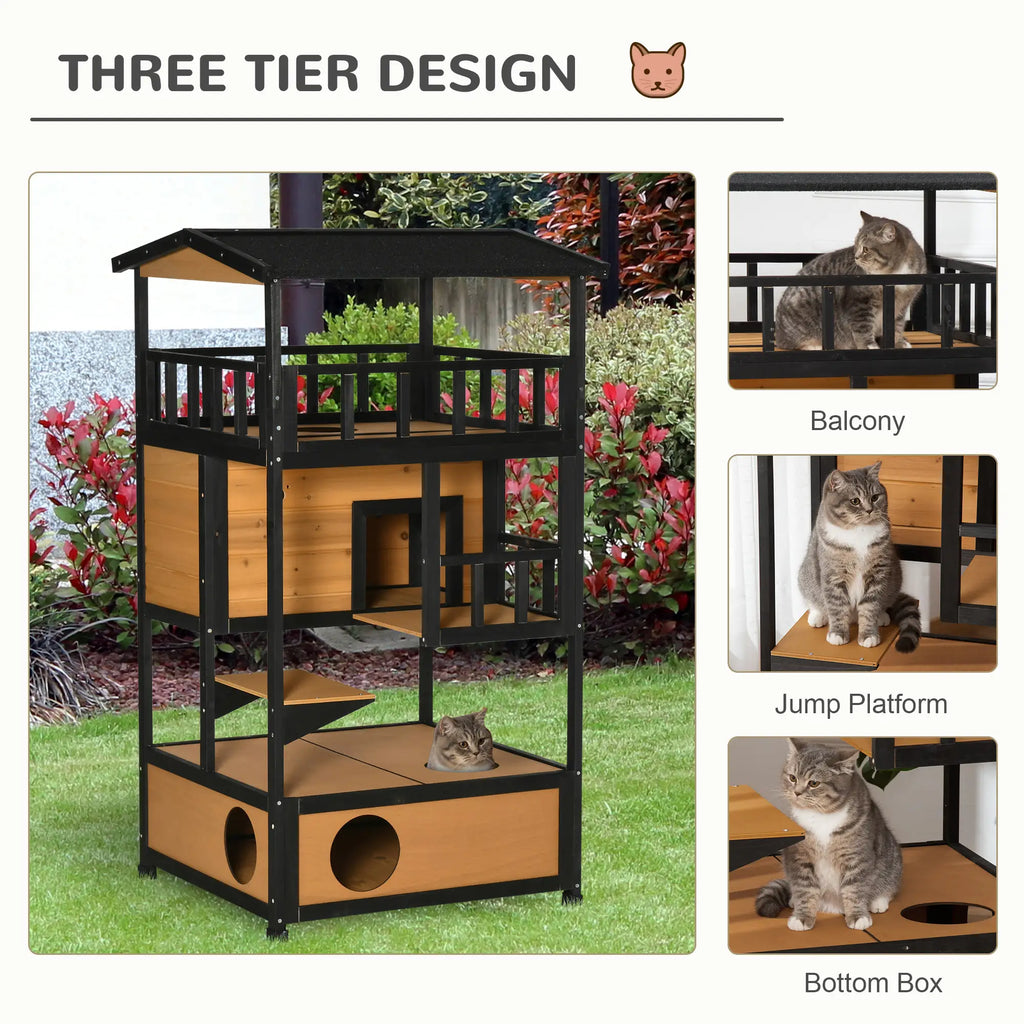 Three-tiered cat play structure with balcony, jump platform, and bottom box, featuring cats on each level.