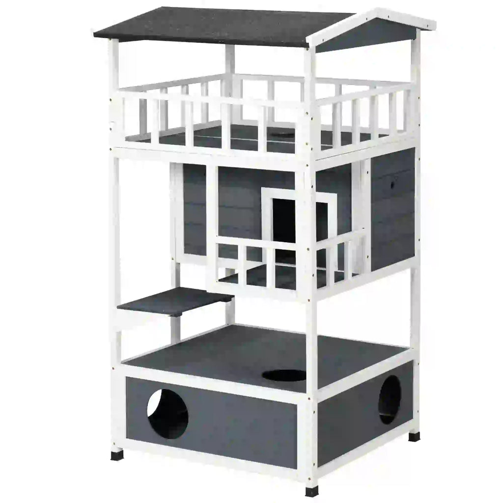 Multi-level cat play structure with gray and white color scheme on a white background