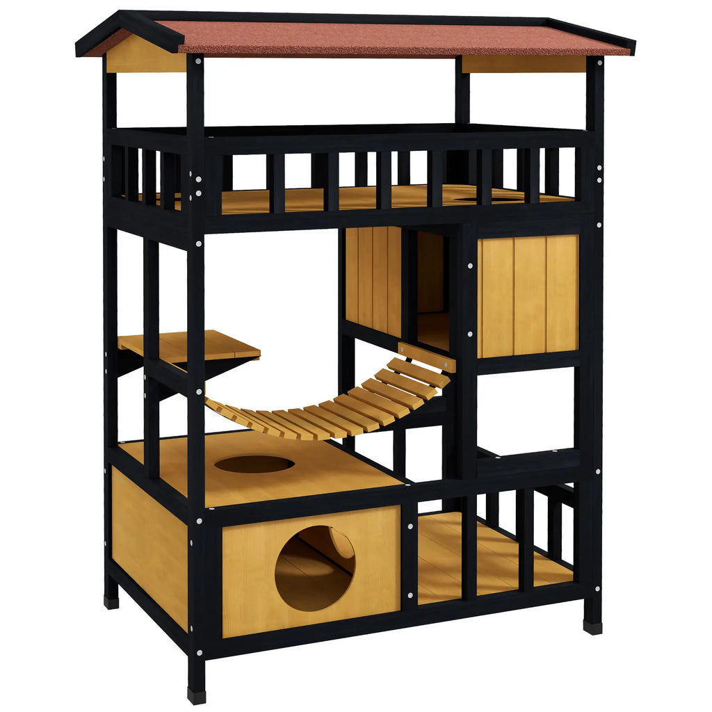 Multilevel cat tree with wooden platforms and a black frame on a white background