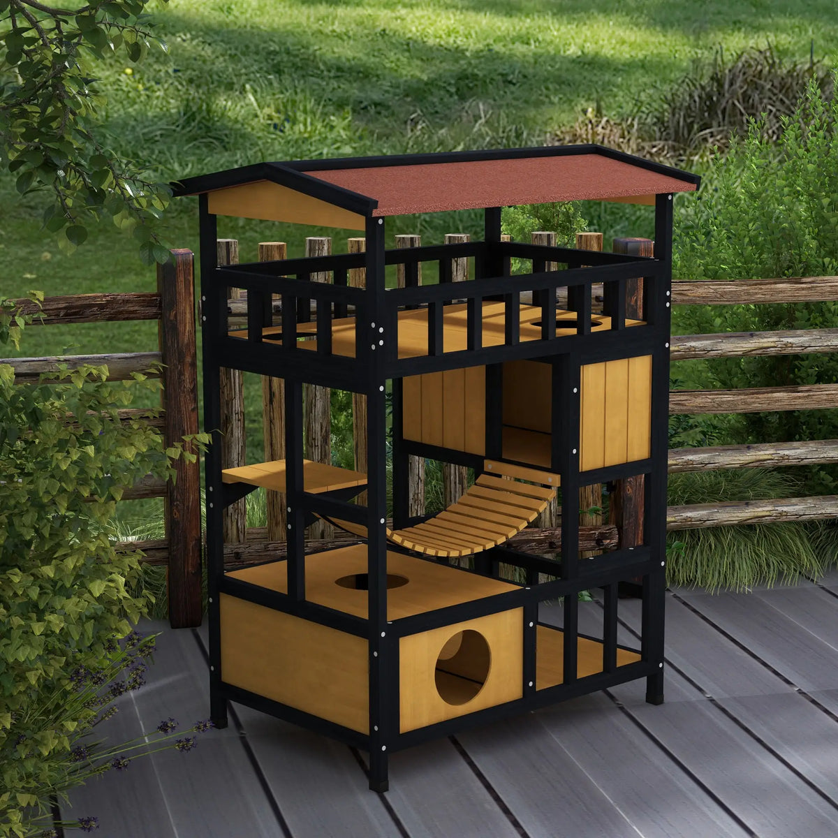 Four-tier wooden outdoor cat playhouse with balconies, bridge and raised platforms