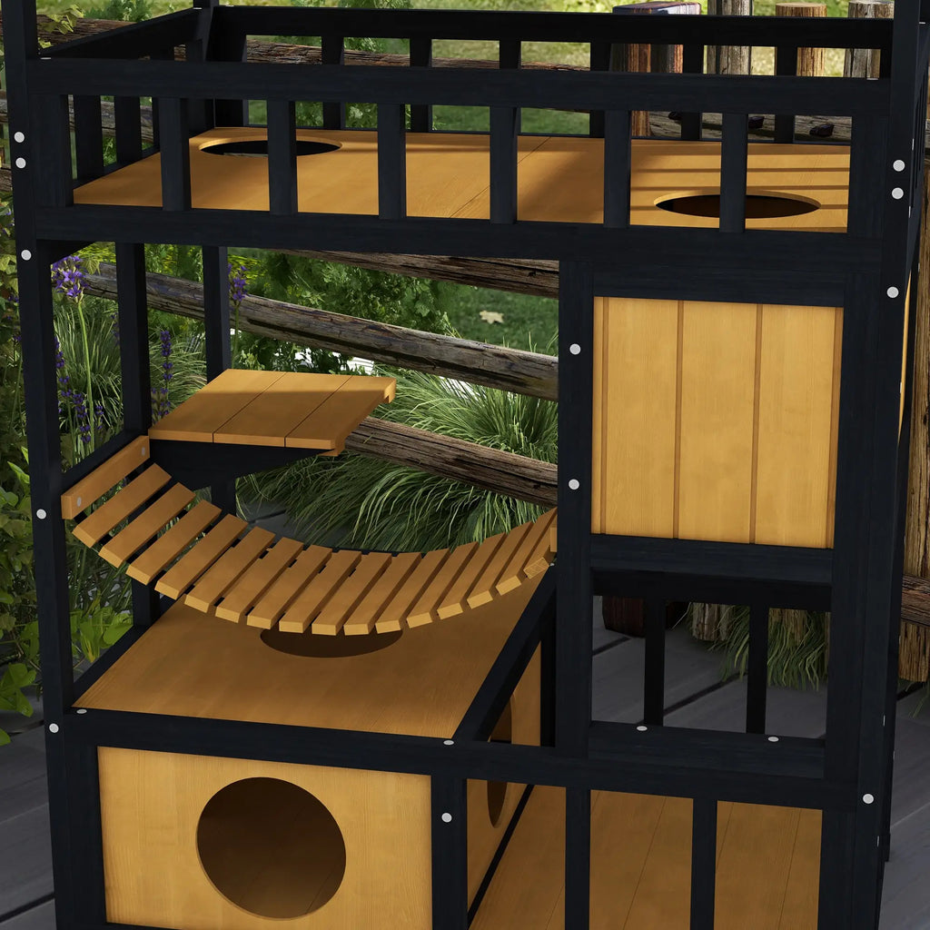 Wooden pet playpen with multiple levels and platforms, set against a natural outdoor background.