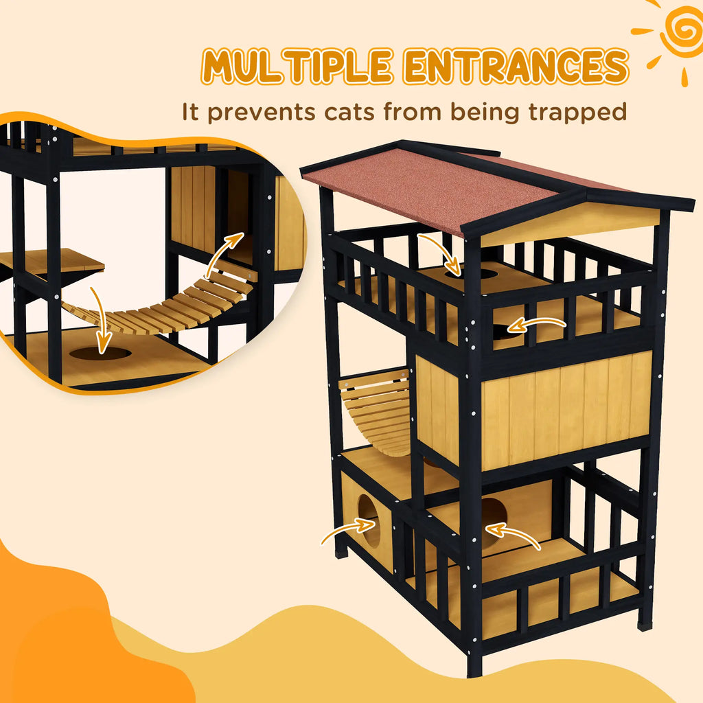 Multilevel cat play structure with multiple entrances on a beige background