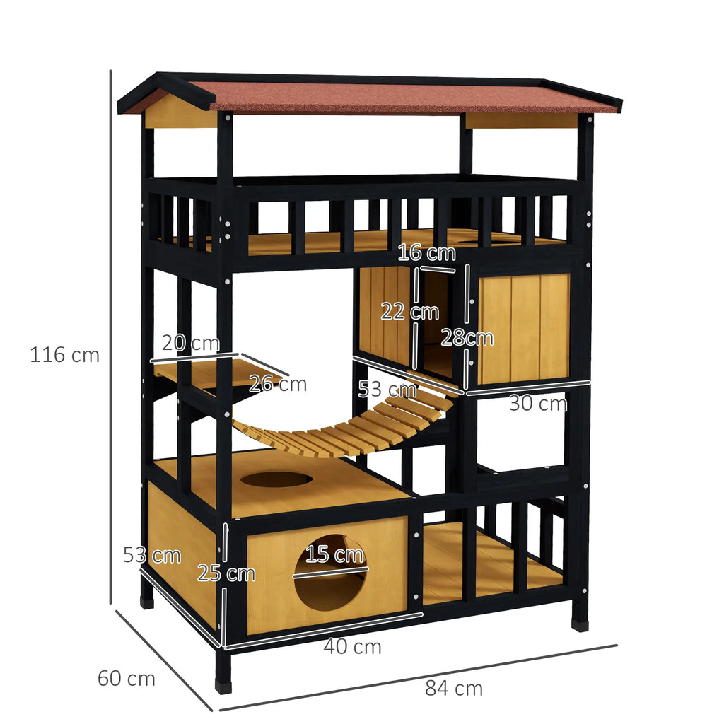 Cat playhouse with dimensions labeled on a white background