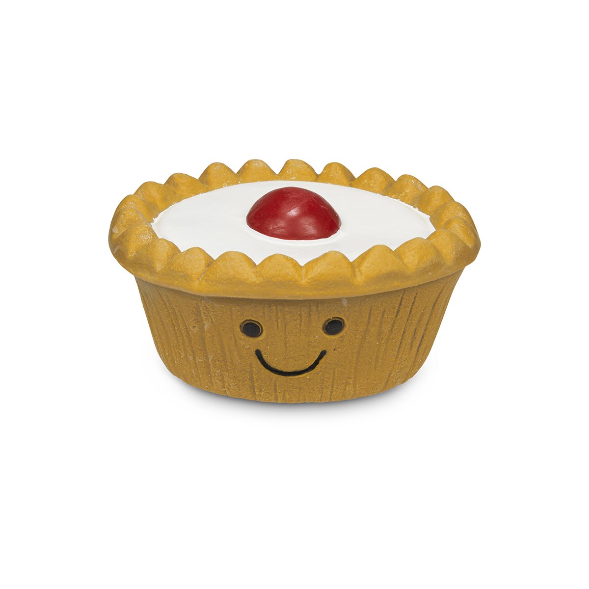 Toy resembling a pie with a cherry on top on a white background
