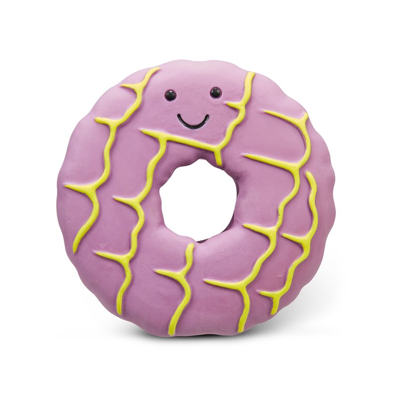 Purple iced biscuit toy with yellow cracks and a smiley face on a white background