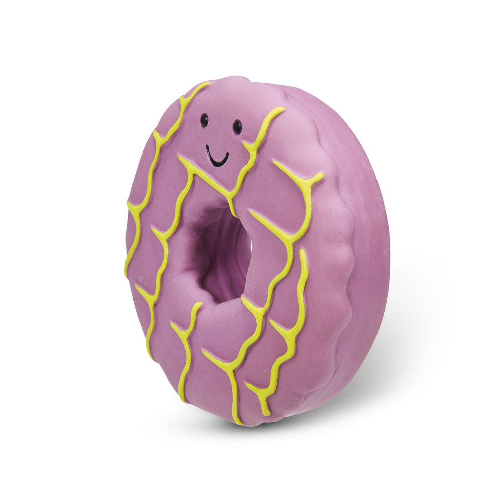 Purple Iced Ring dog toy with a smiling face