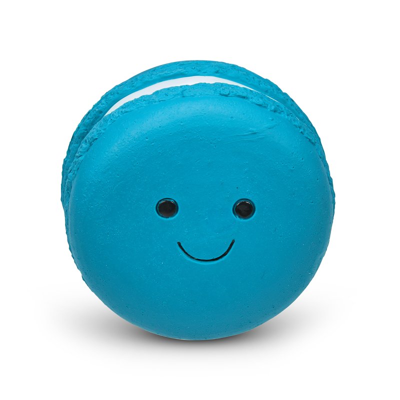 Blue macaron-shaped toy with a smiley face on a white background