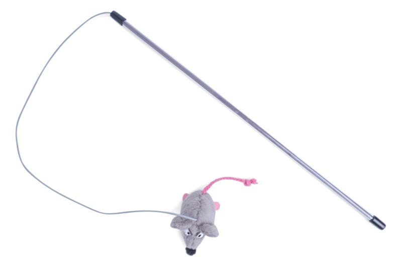 A mouse cat toy on the end of a line and pole against a white background. 