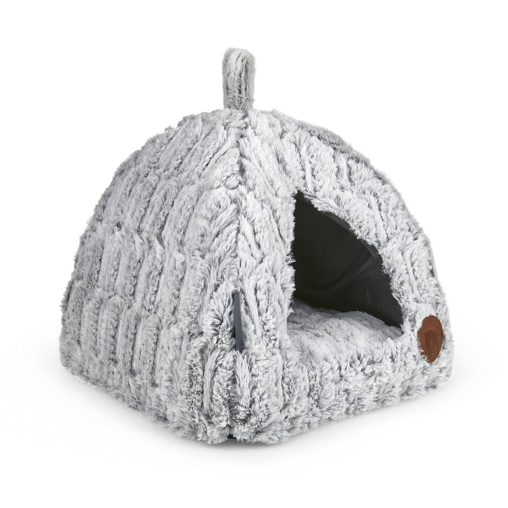 Gray pet bed with textured surface on a white background
