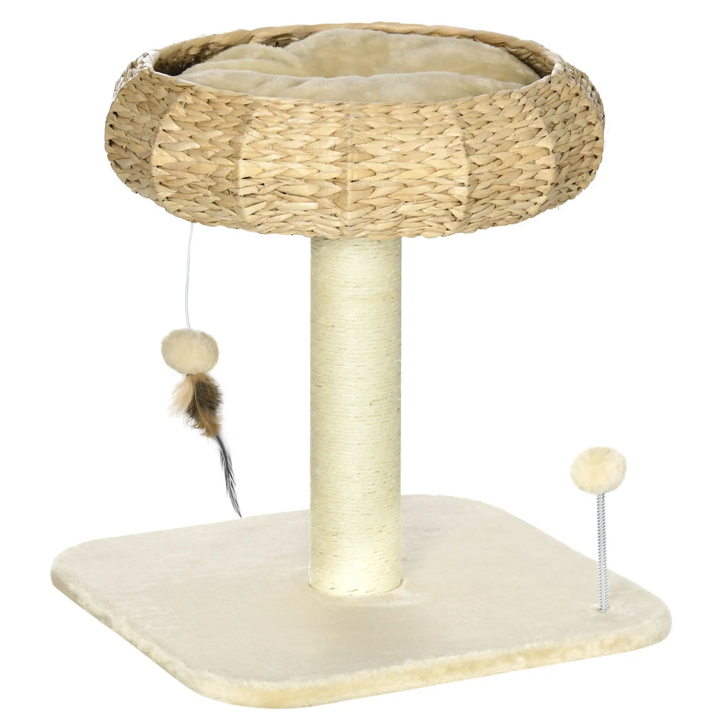 Cat tree with a wicker top, sisal-covered post, and toys on a white background