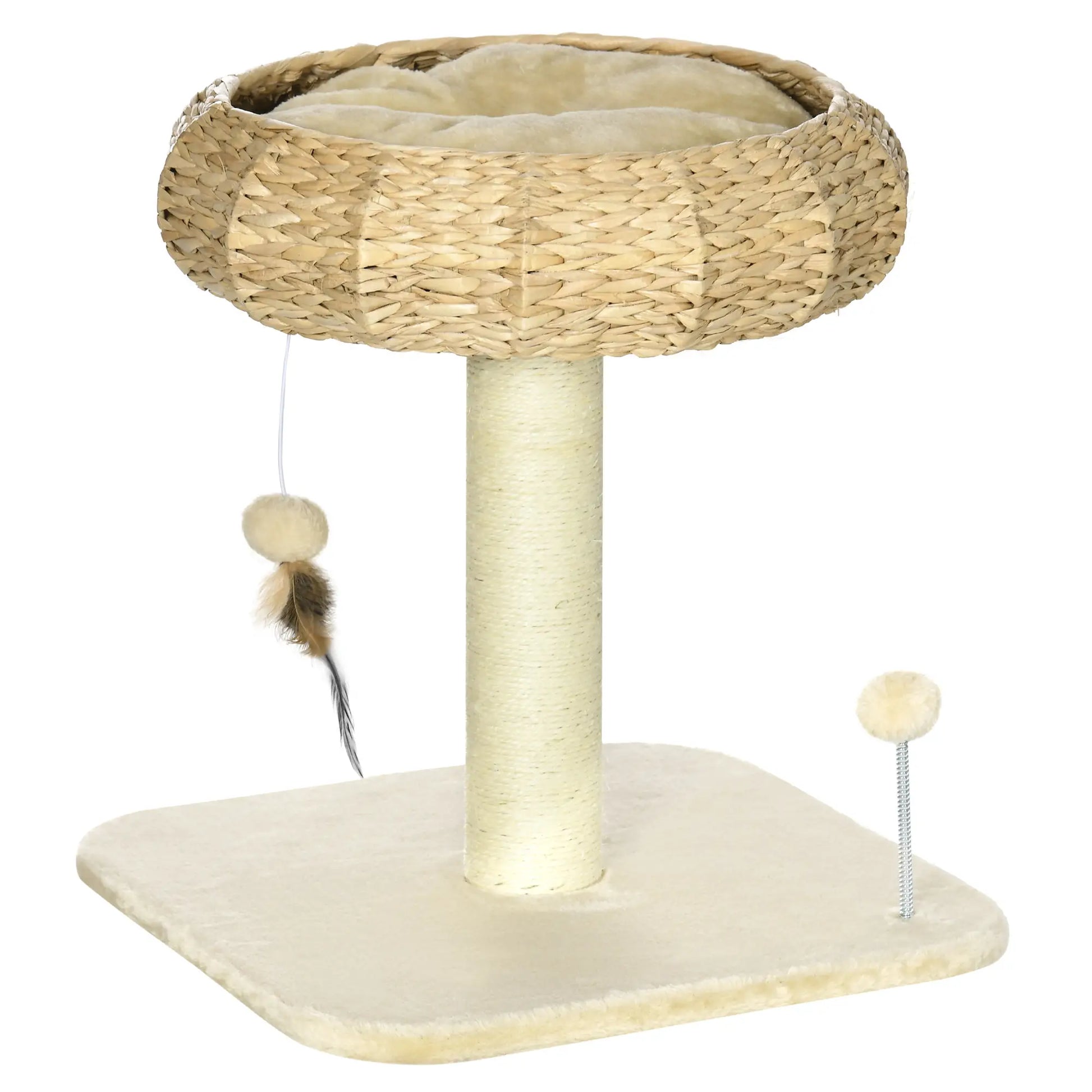 Cat tree with a wicker top, sisal-covered post, and toys on a white background