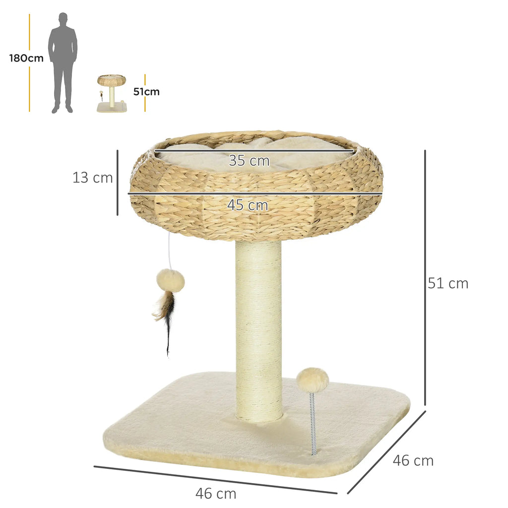 Dimensions of a cat tree with a person for scale on the left side.