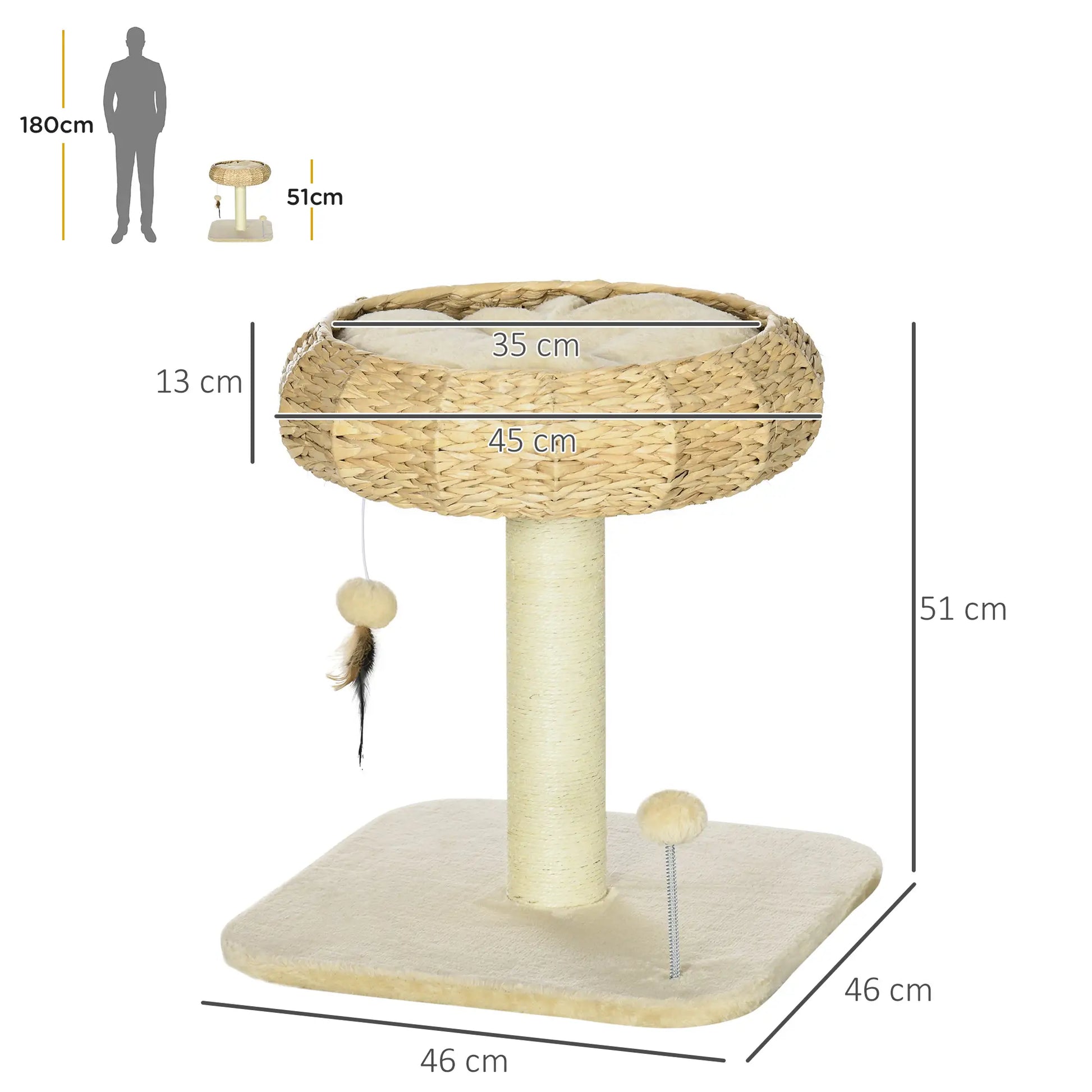 Dimensions of a cat tree with a person for scale on the left side.
