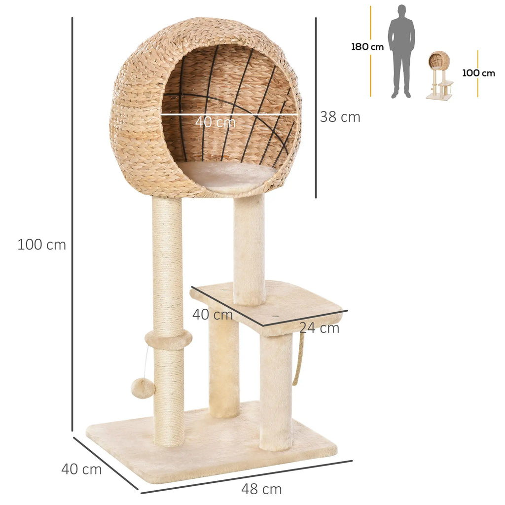Cat tree with dimensions labeled on a white background