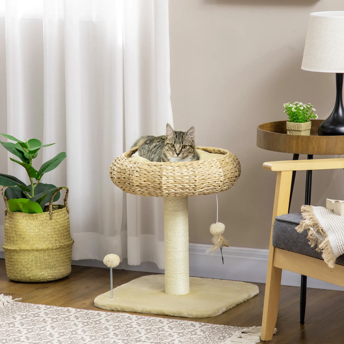 A cat relaxing in a woven basket hideaway on an indoor cat tower