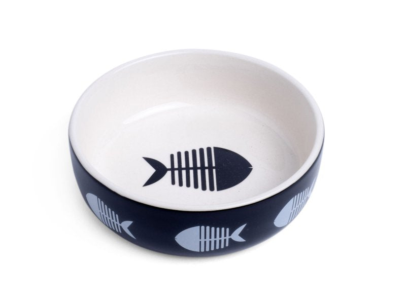 Ceramic bowl with fish bone design on a white background