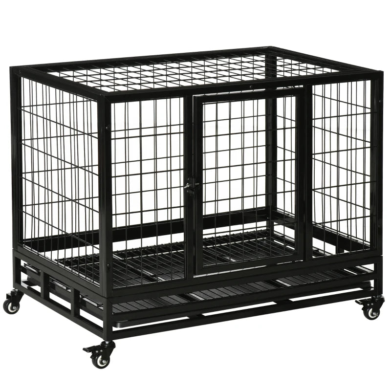 Black metal pet cage with wheels on a white background