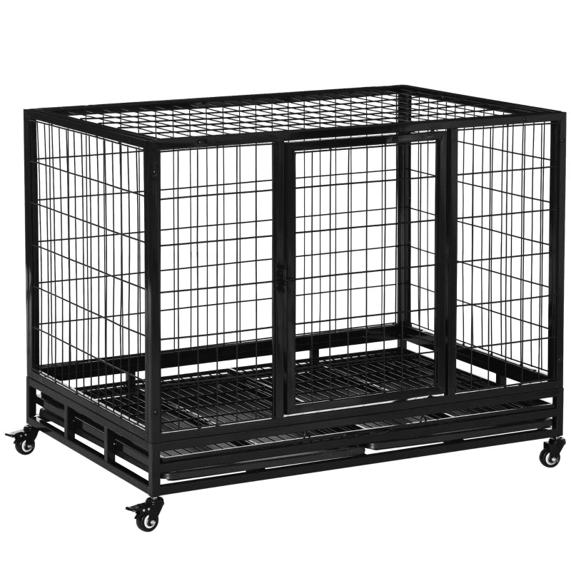 Black metal dog crate on wheels with a white background