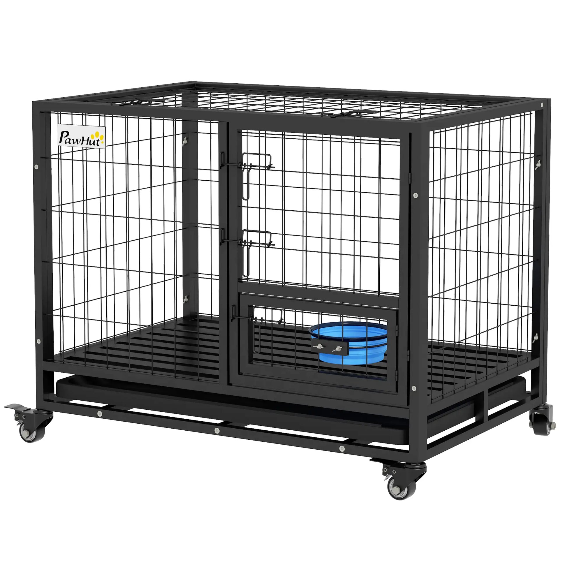 Black metal pet cage with a blue bowl inside on a white background