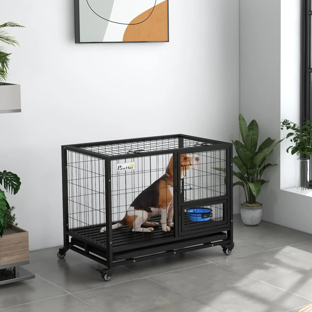 Dog in a black crate in a room with plants and a painting on the wall