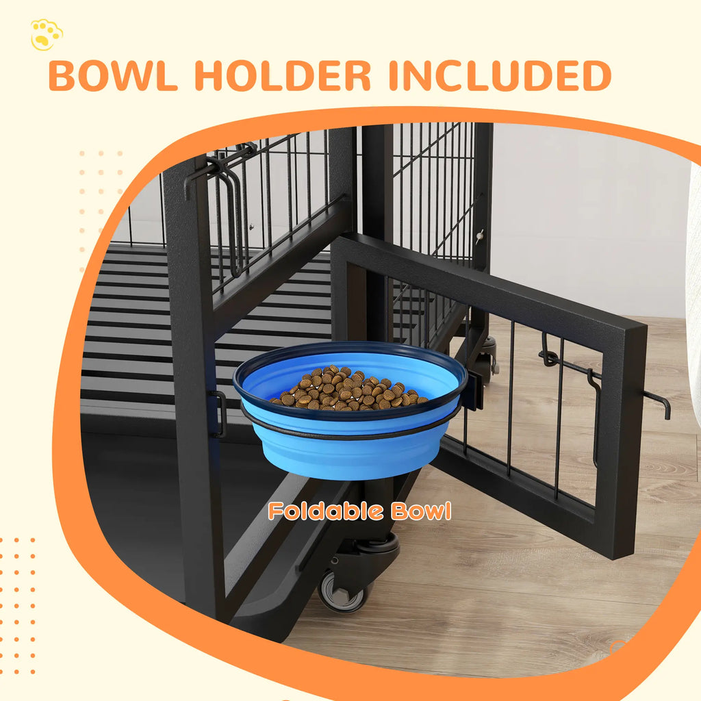 Foldable blue bowl with pet food inside, attached to a black pet gate with text 'Bowl Holder Included'.