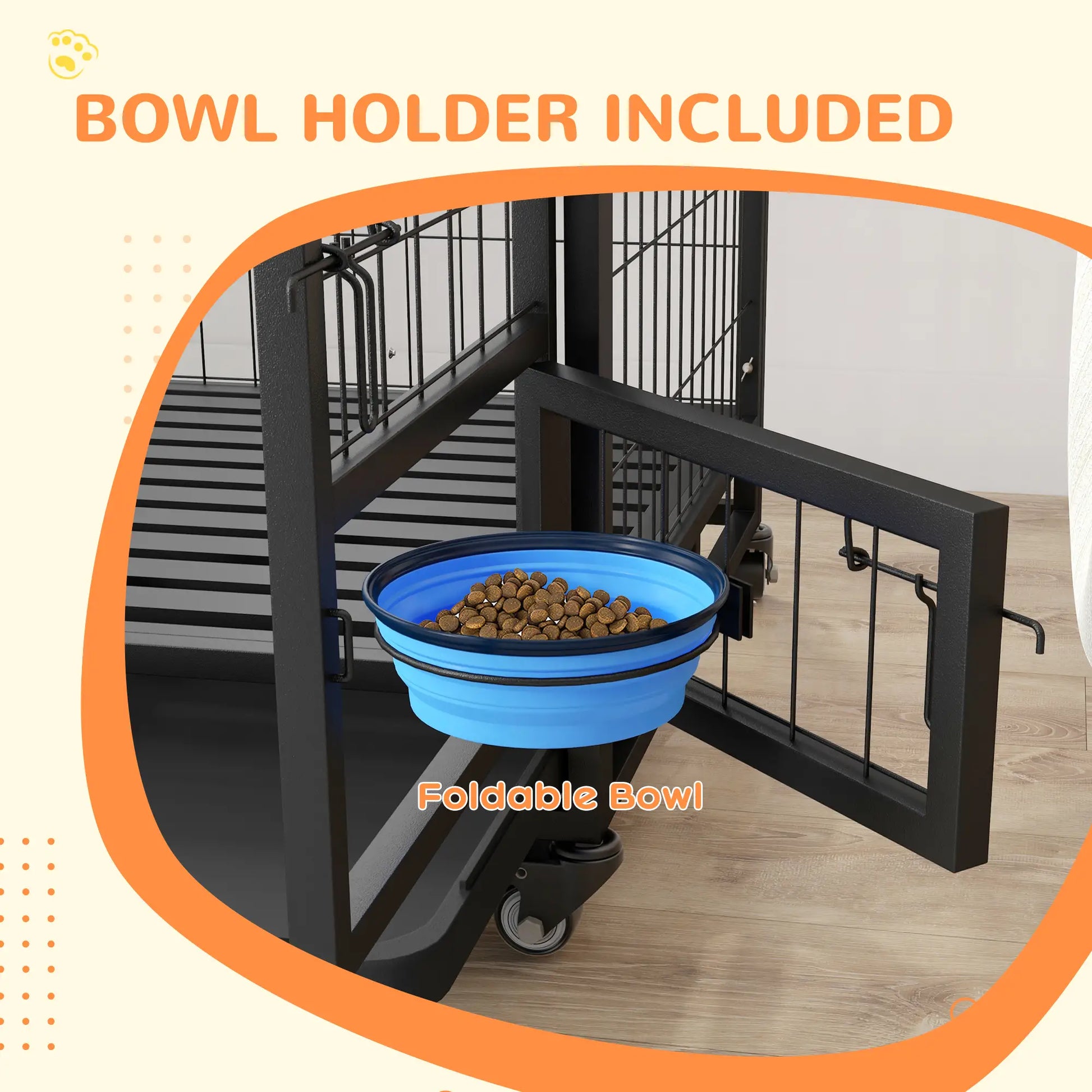 Foldable blue bowl with pet food inside, attached to a black pet gate with text 'Bowl Holder Included'.