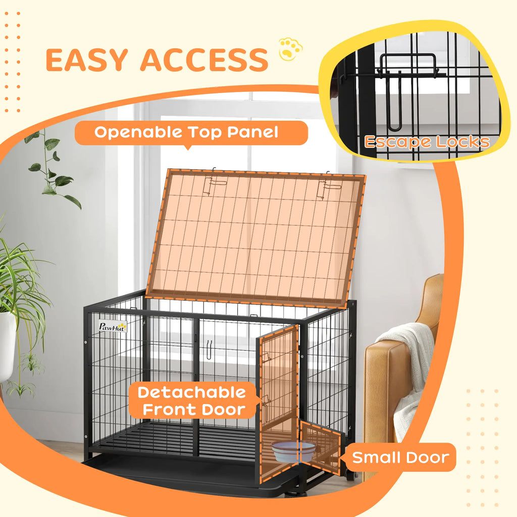 Pet cage with openable top panel, detachable front door, and small door on a light background.