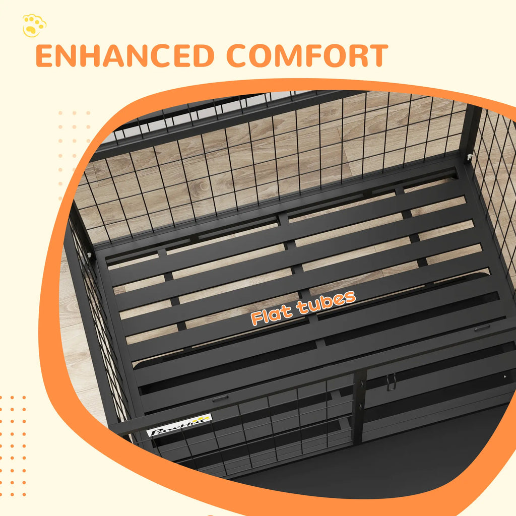 Black metal grid with 'Flat tubes' text on a beige background, labeled 'Enhanced Comfort'.