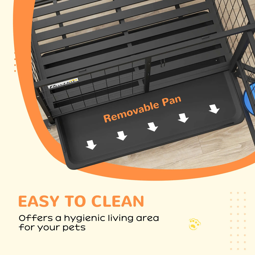 Pet cage with a removable pan labeled 'Easy to clean' on a beige background