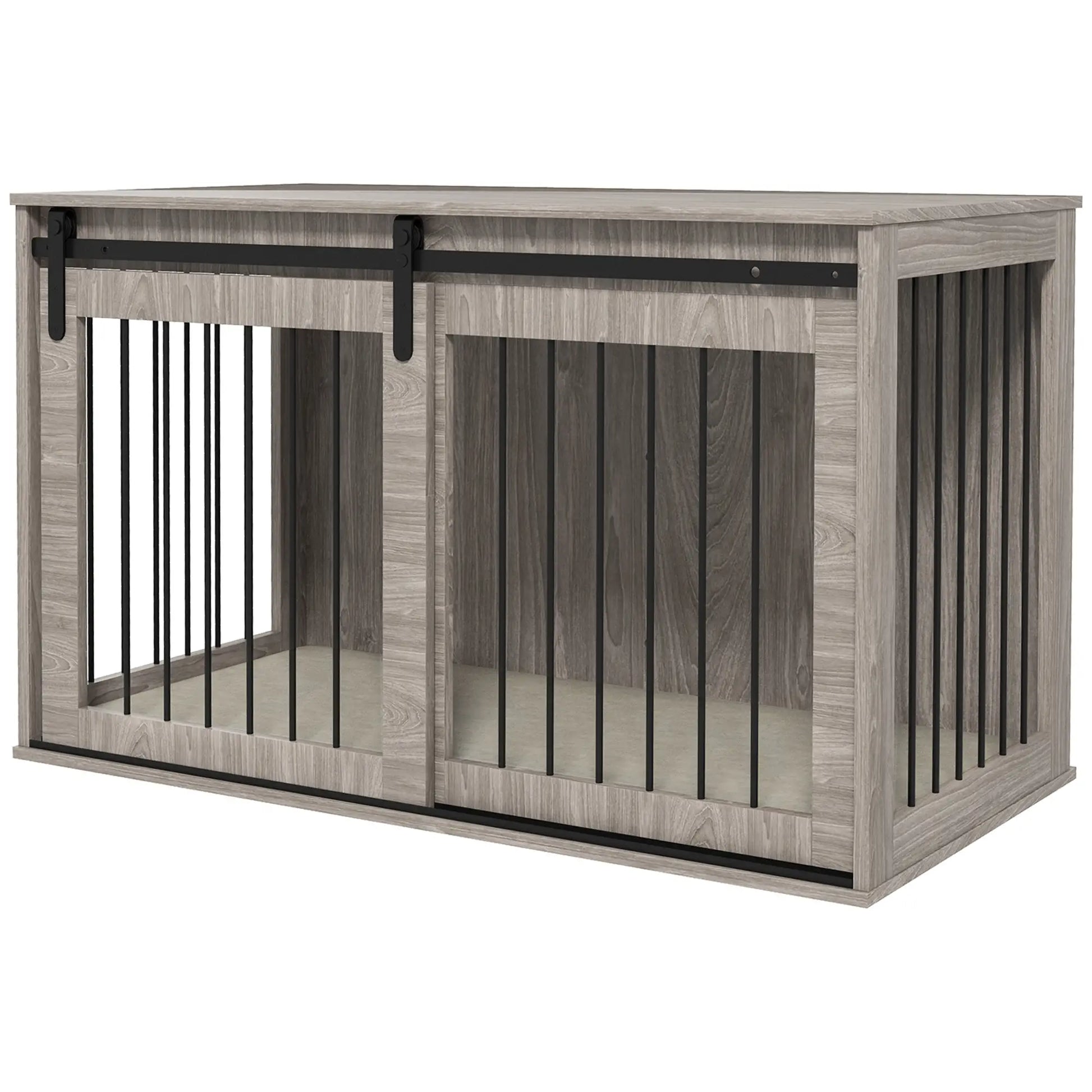 Wooden pet crate with sliding door on a white background