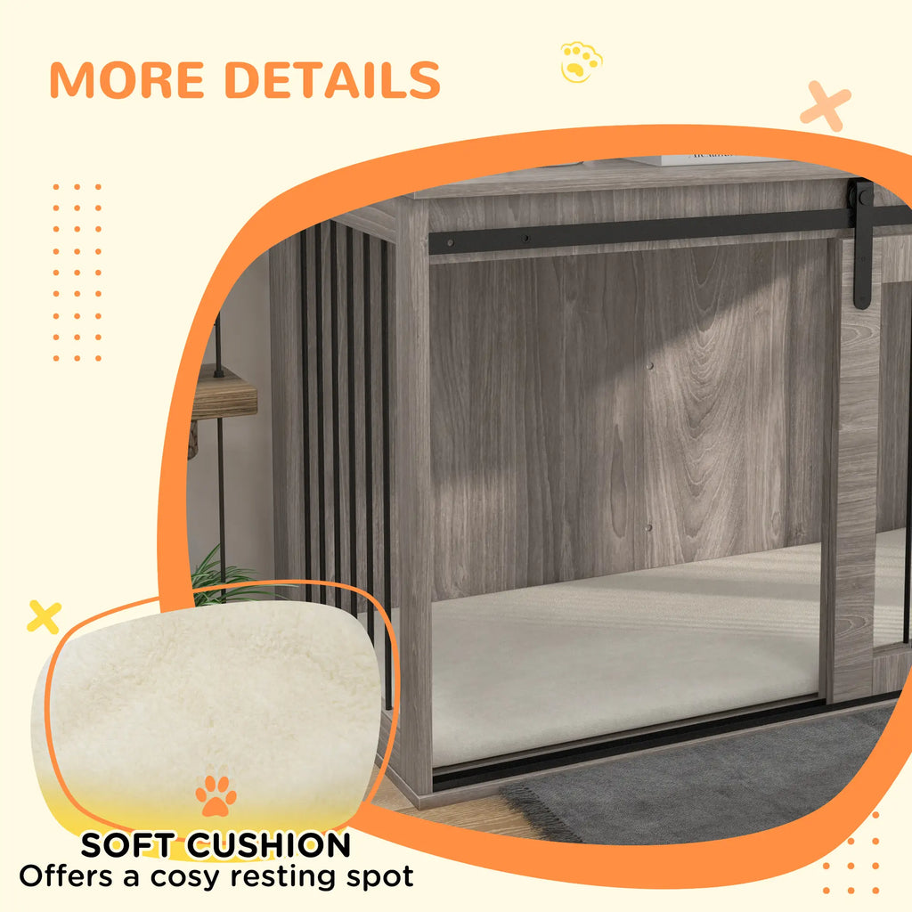 Wooden pet enclosure with a soft cushion labeled 'SOFT CUSHION Offers a cozy resting spot'.