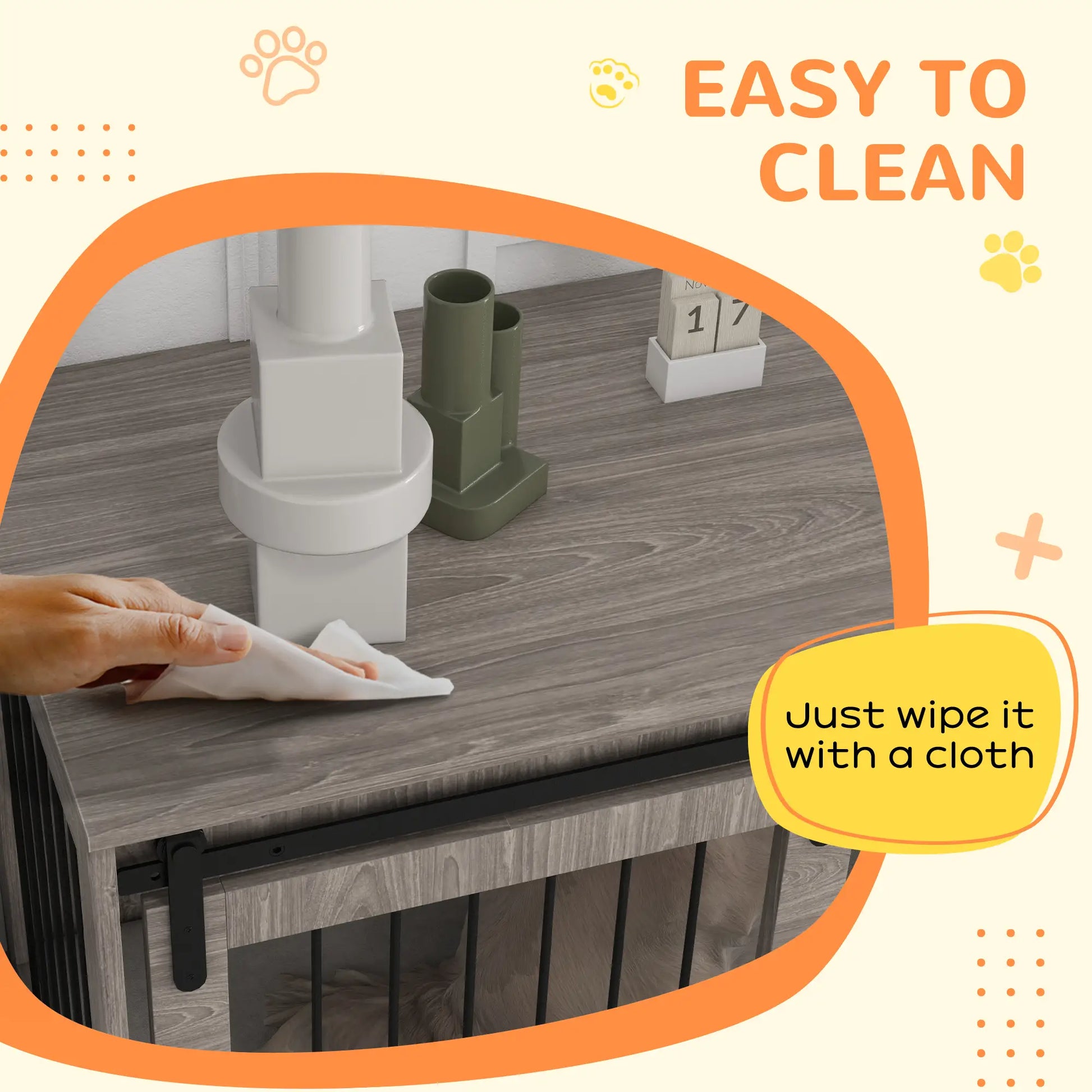 Person cleaning the top of a crate with text 'Easy to Clean' and 'Just wipe it with a cloth'.