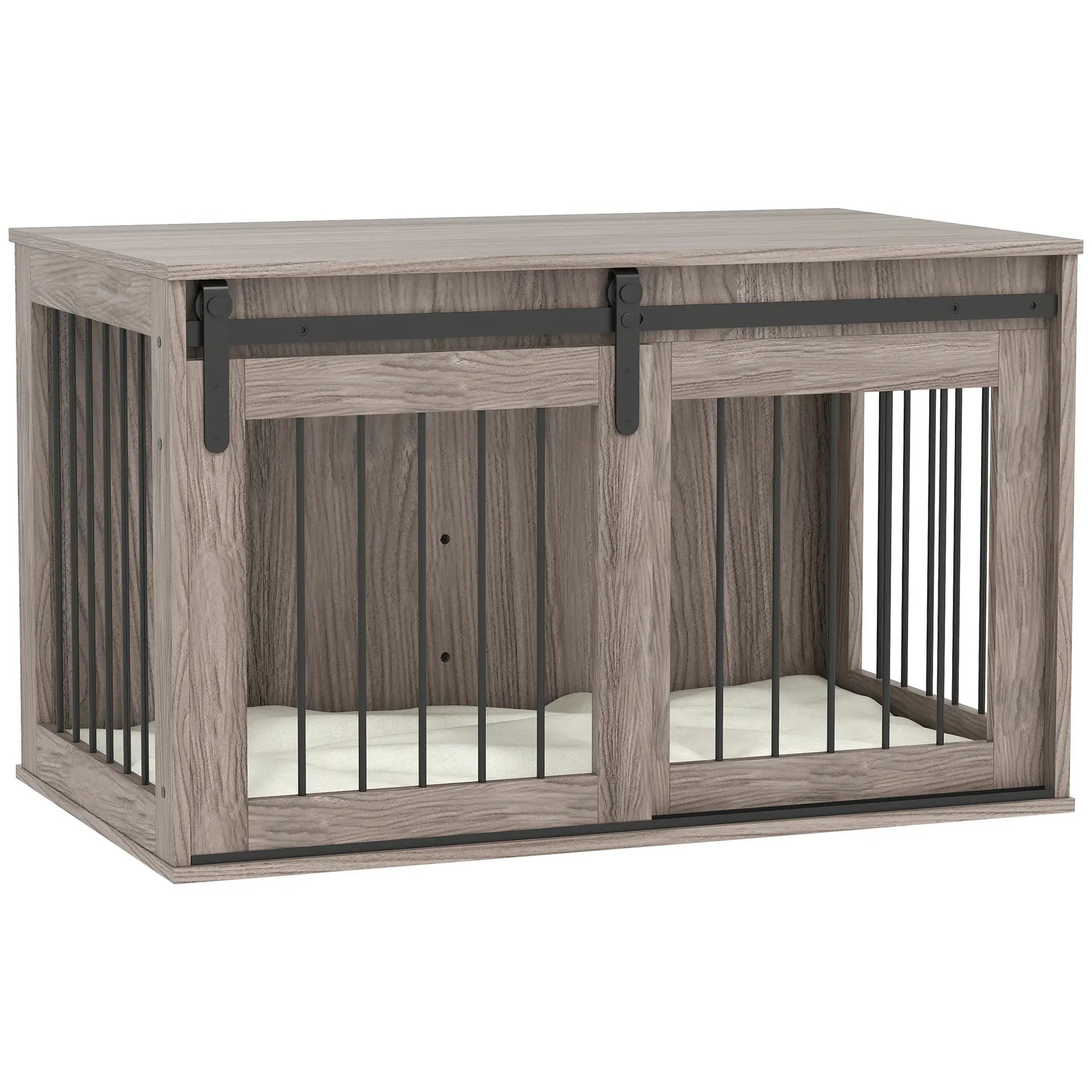 Wooden pet crate with sliding door on a white background