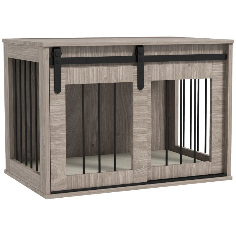 Wooden pet crate with metal bars on a white background