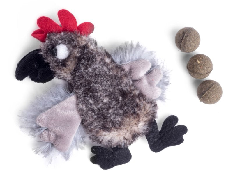 Plush rooster toy with red crest and black feet on a white background